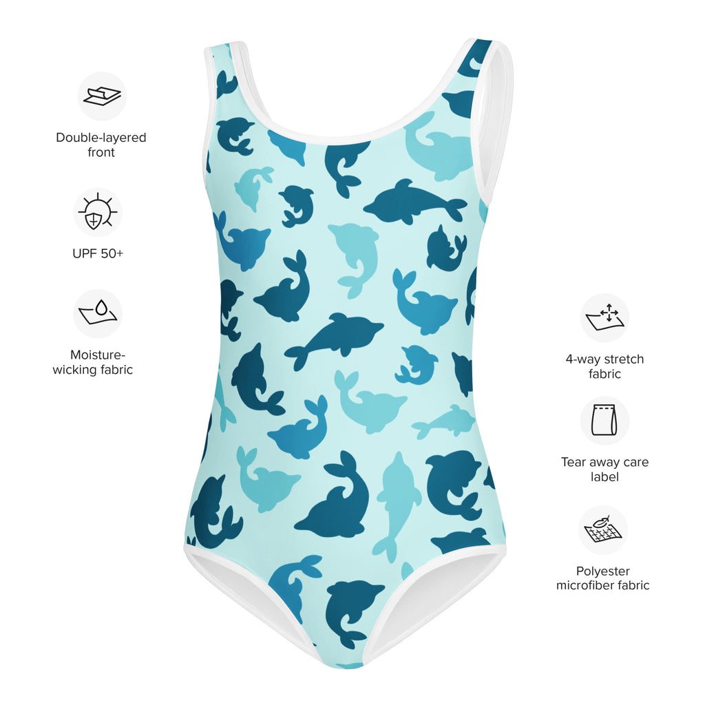 Girls blue dolphin buttery soft one-piece swimsuit with UPF 50 plus and playful dolphin pattern in light blue