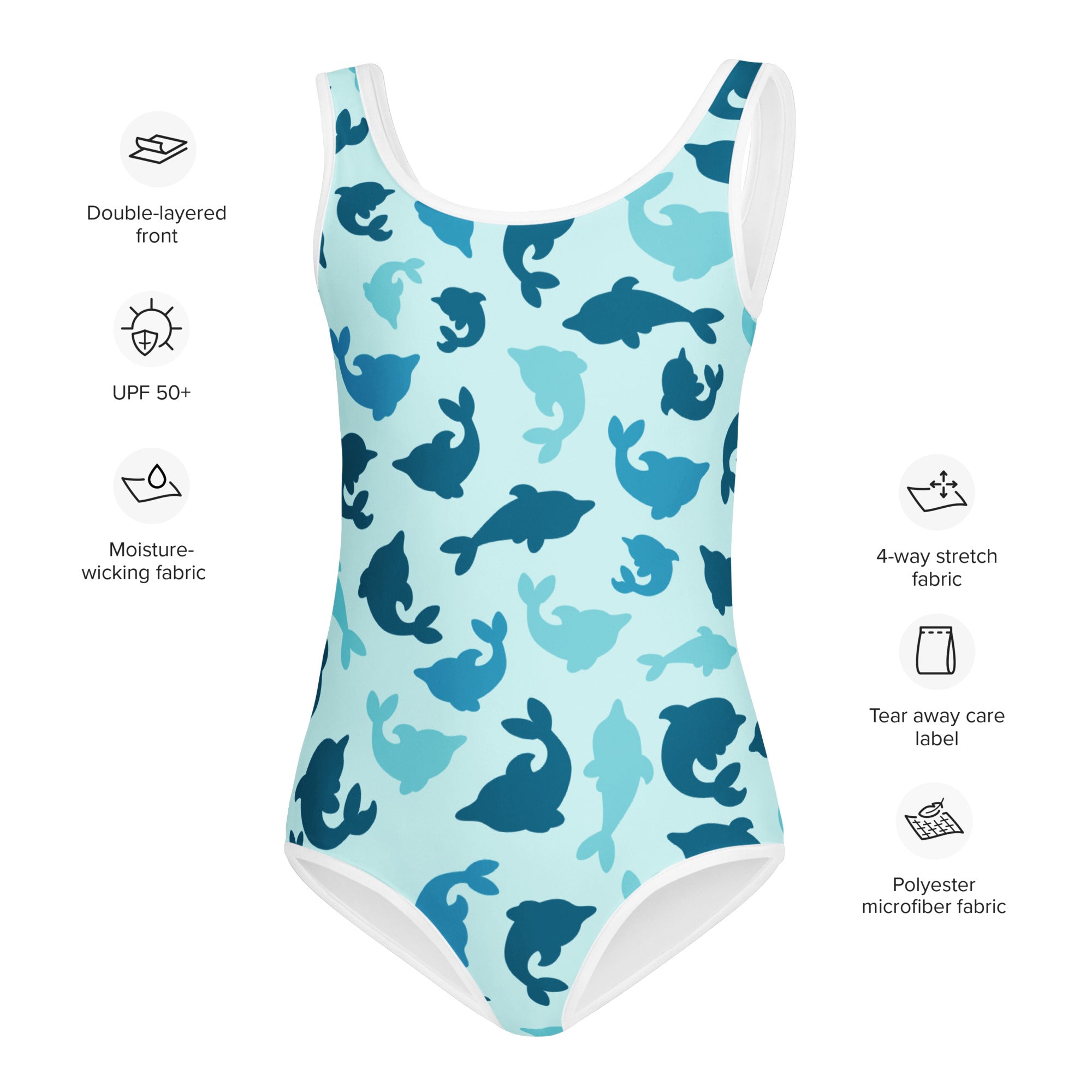 Girls blue dolphin buttery soft one-piece swimsuit with UPF 50 plus and playful dolphin pattern in light blue