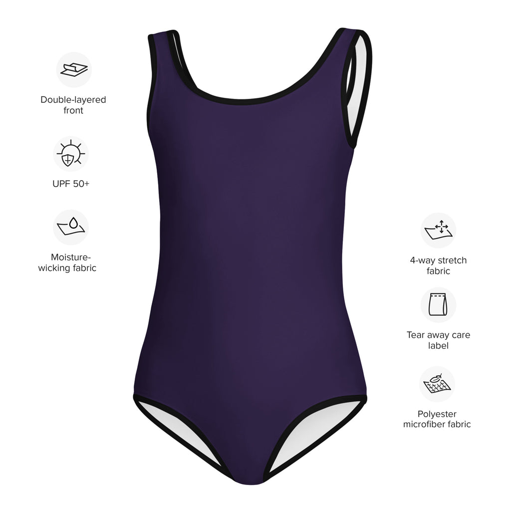 A sleek dark purple girls one-piece buttery soft swimsuit with black trim and UPF 50 plus sun protection