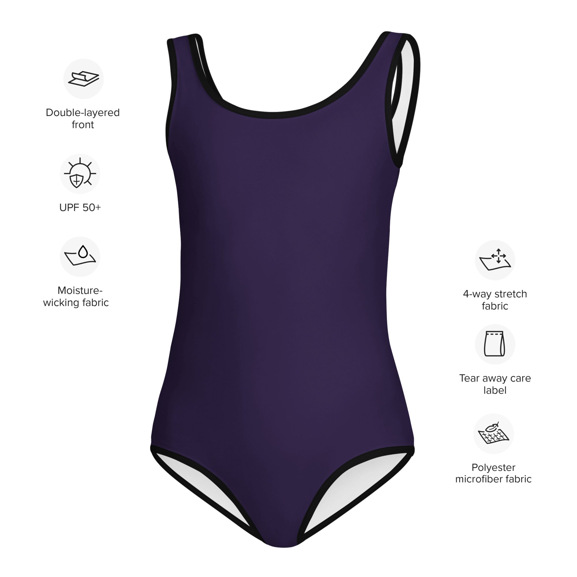 A sleek dark purple girls one-piece buttery soft swimsuit with black trim and UPF 50 plus sun protection