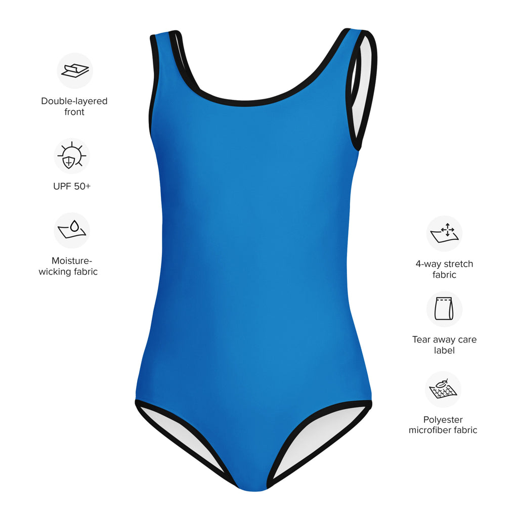 A vibrant blue girls one-piece buttery soft swimsuit with black trim and UPF 50 plus sun protection
