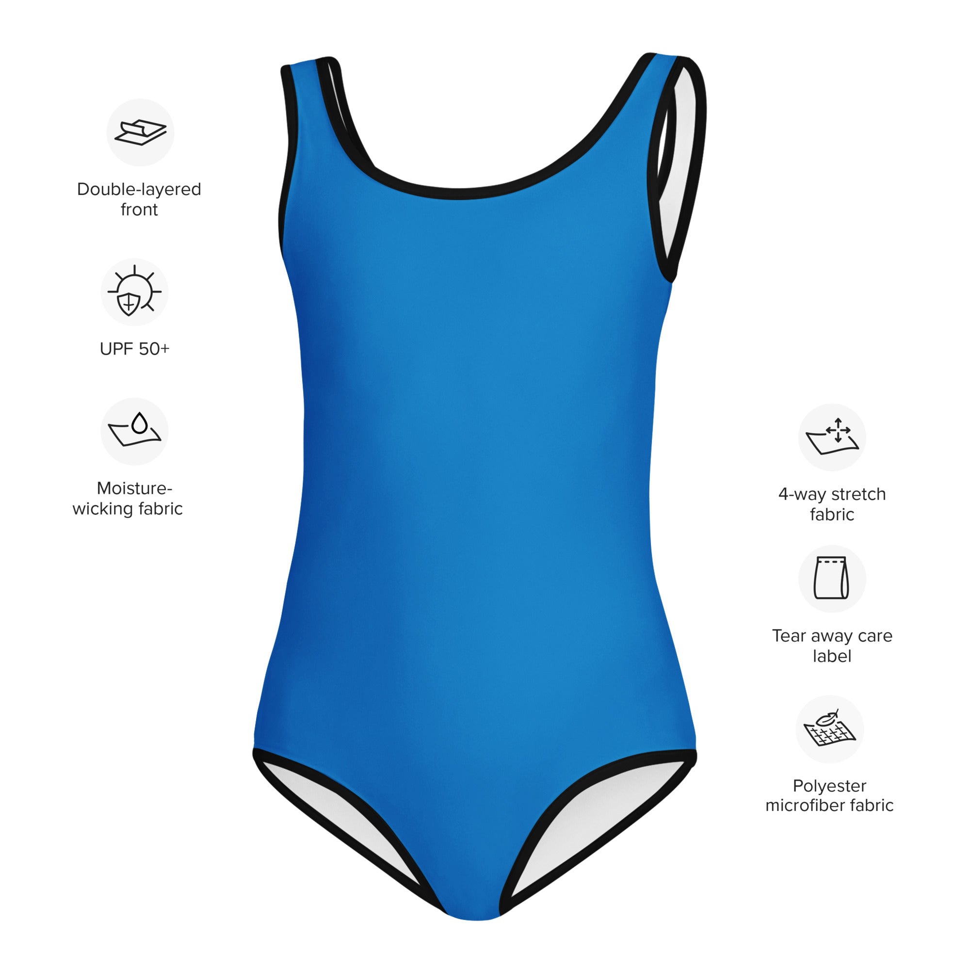 A vibrant blue girls one-piece buttery soft swimsuit with black trim and UPF 50 plus sun protection