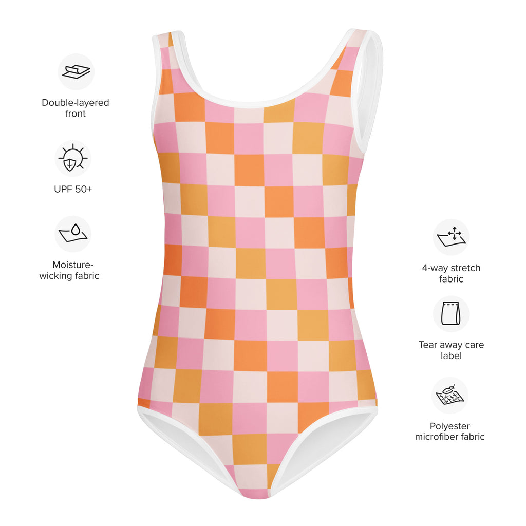 Girls pink and orange checkered buttery soft one-piece swimsuit with white trim and UPF 50 plus sun protection
