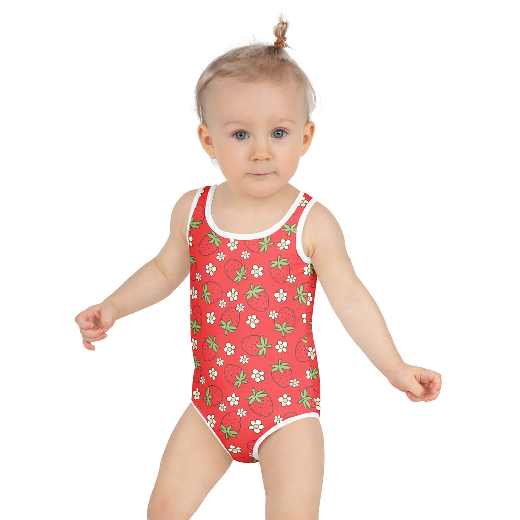 Girls red strawberry and white flower one-piece swimsuit with buttery soft fabric and UPF 50 plus sun protection