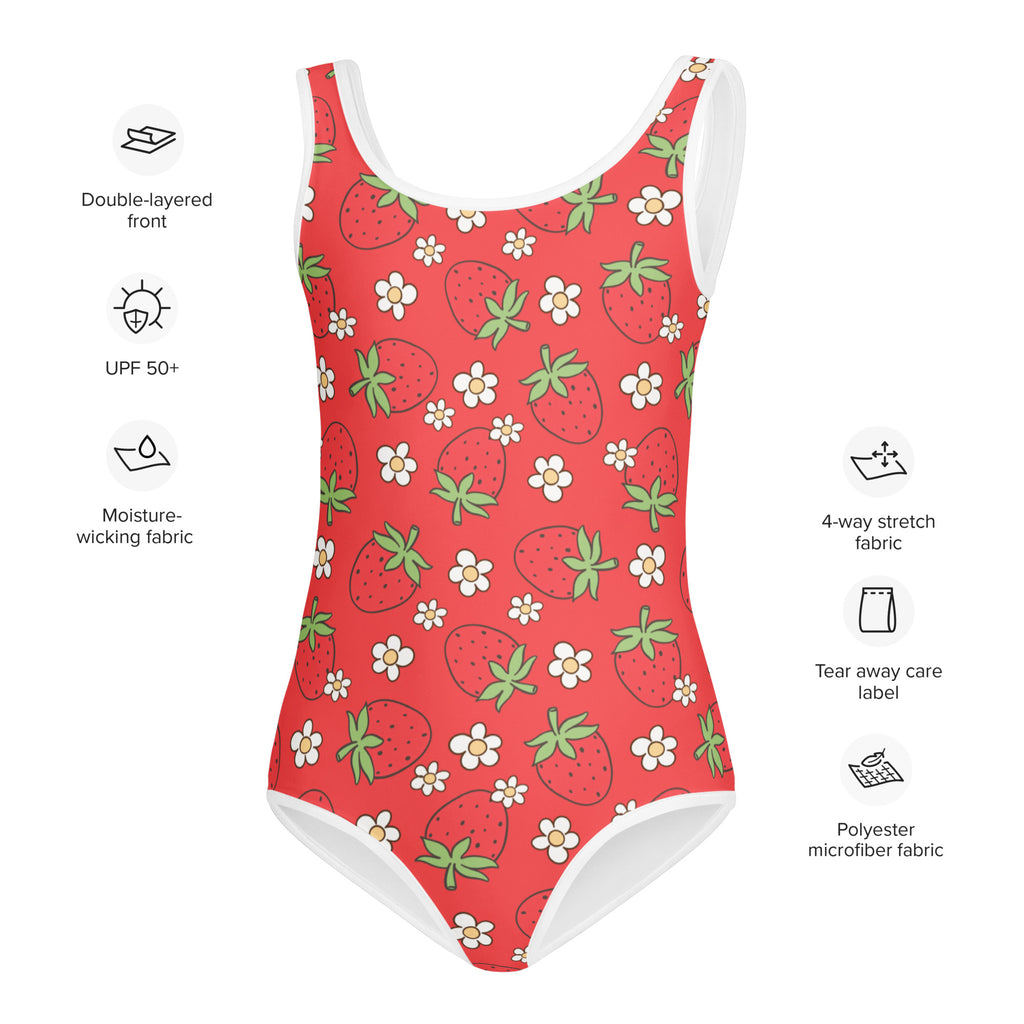 Girls red strawberry and white flower one-piece swimsuit with buttery soft fabric and UPF 50 plus protection