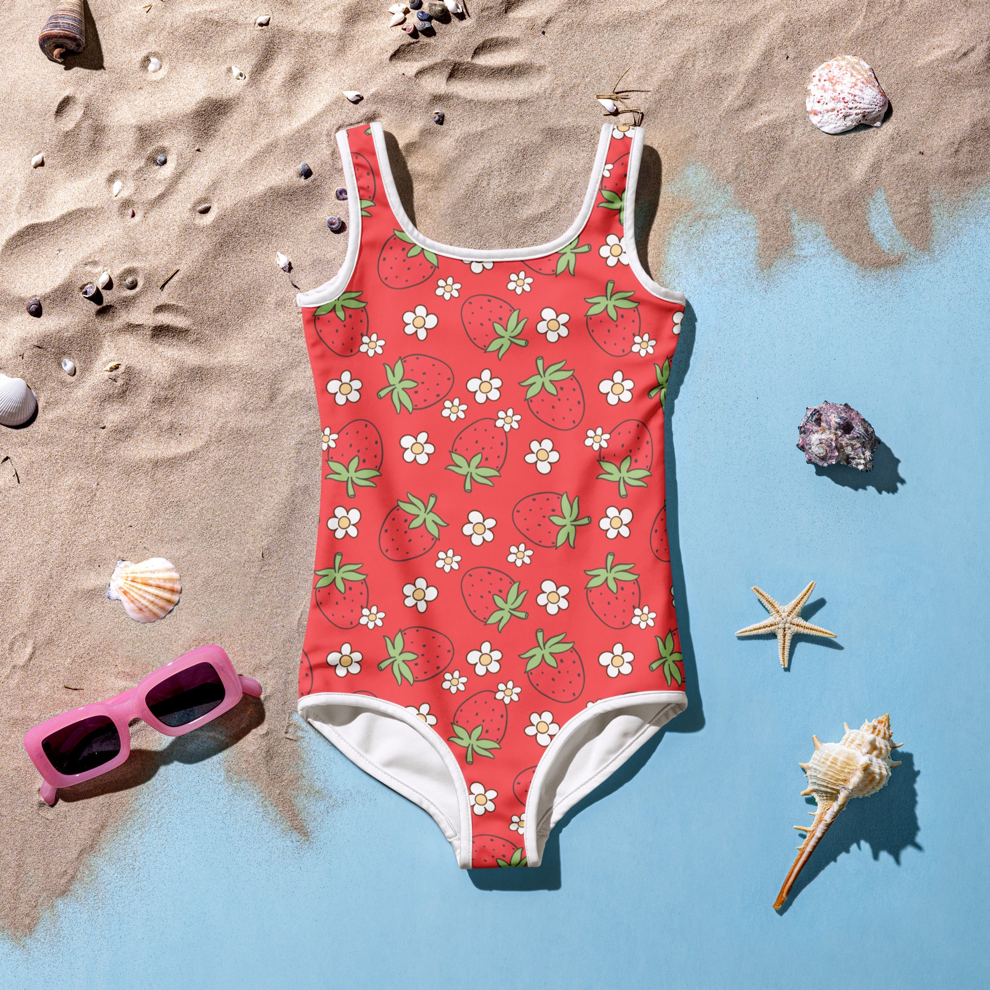 Girls red strawberry flower buttery soft swimsuit with upf 50 plus featuring white trim and playful floral pattern