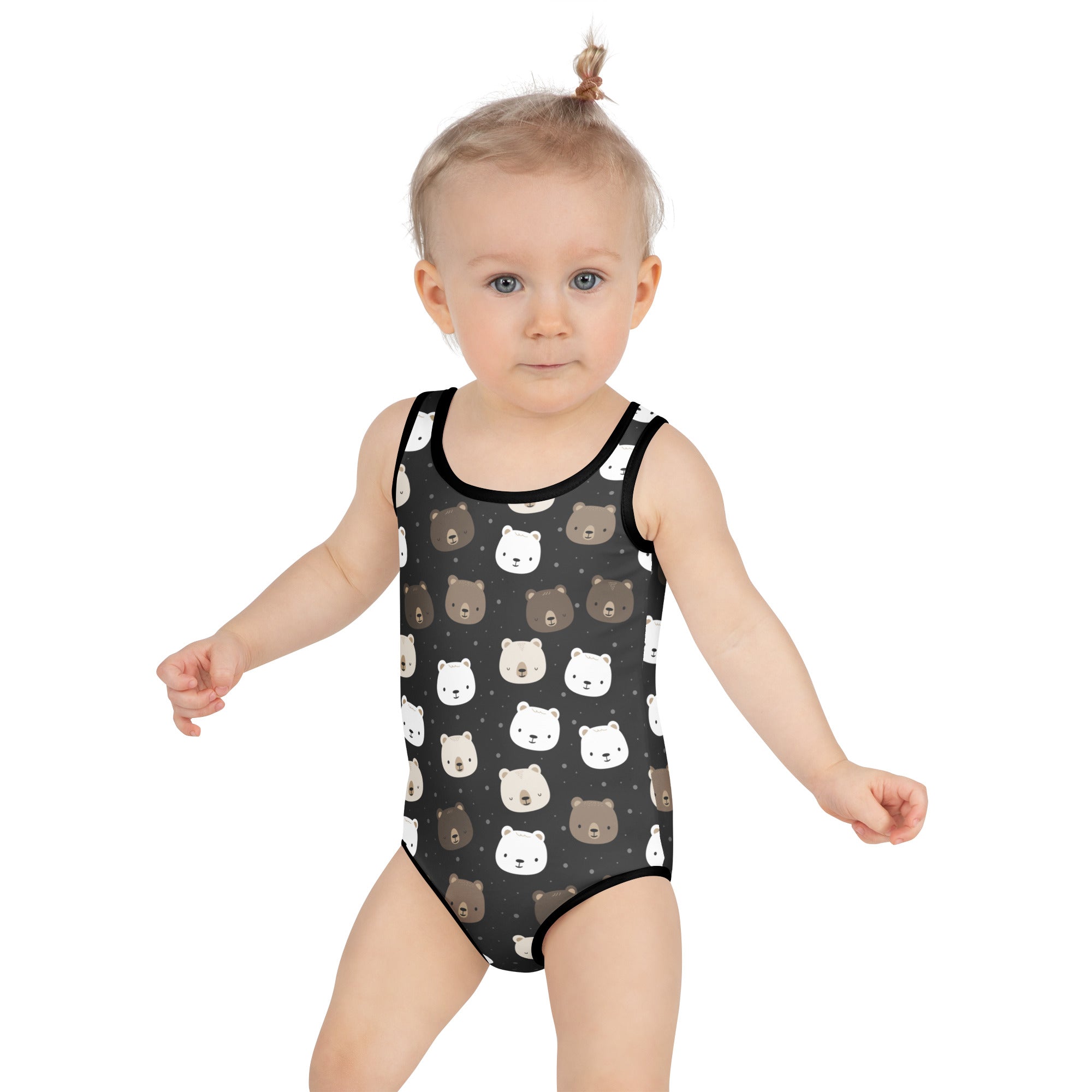Black girls one-piece swimsuit with white and brown bear faces made of buttery soft fabric with upf 50+ protection