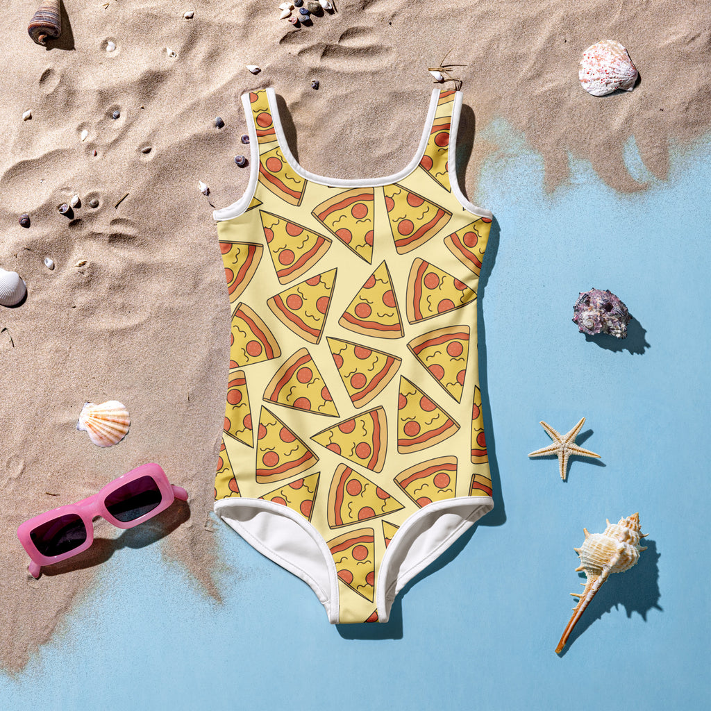 A yellow girls one-piece swimsuit with playful pizza slice pattern and white trim buttery soft fabric UPF 50+
