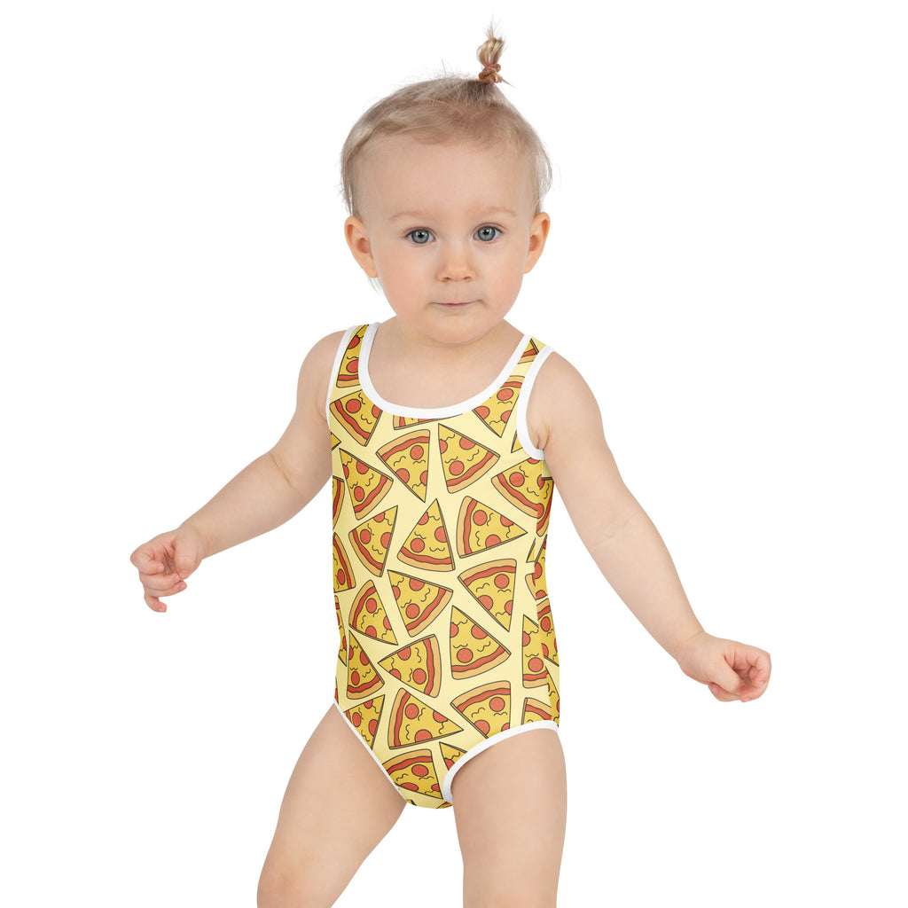 Yellow girls one-piece swimsuit with playful pizza slice pattern white trim buttery soft fabric upf 50+ protection