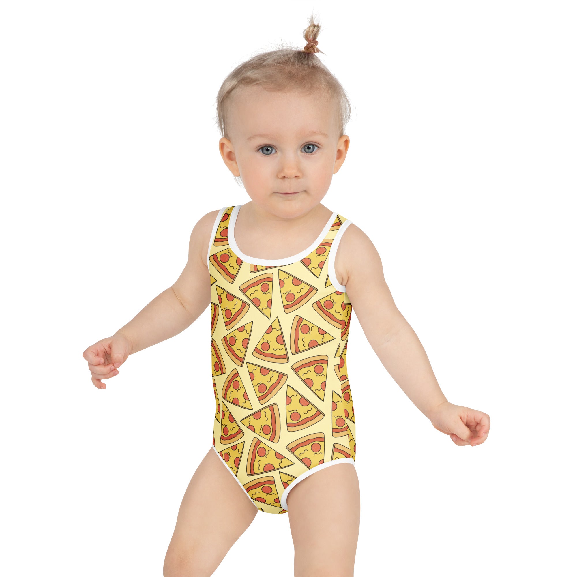 Yellow girls one-piece swimsuit with playful pizza slice pattern white trim buttery soft fabric upf 50+ protection