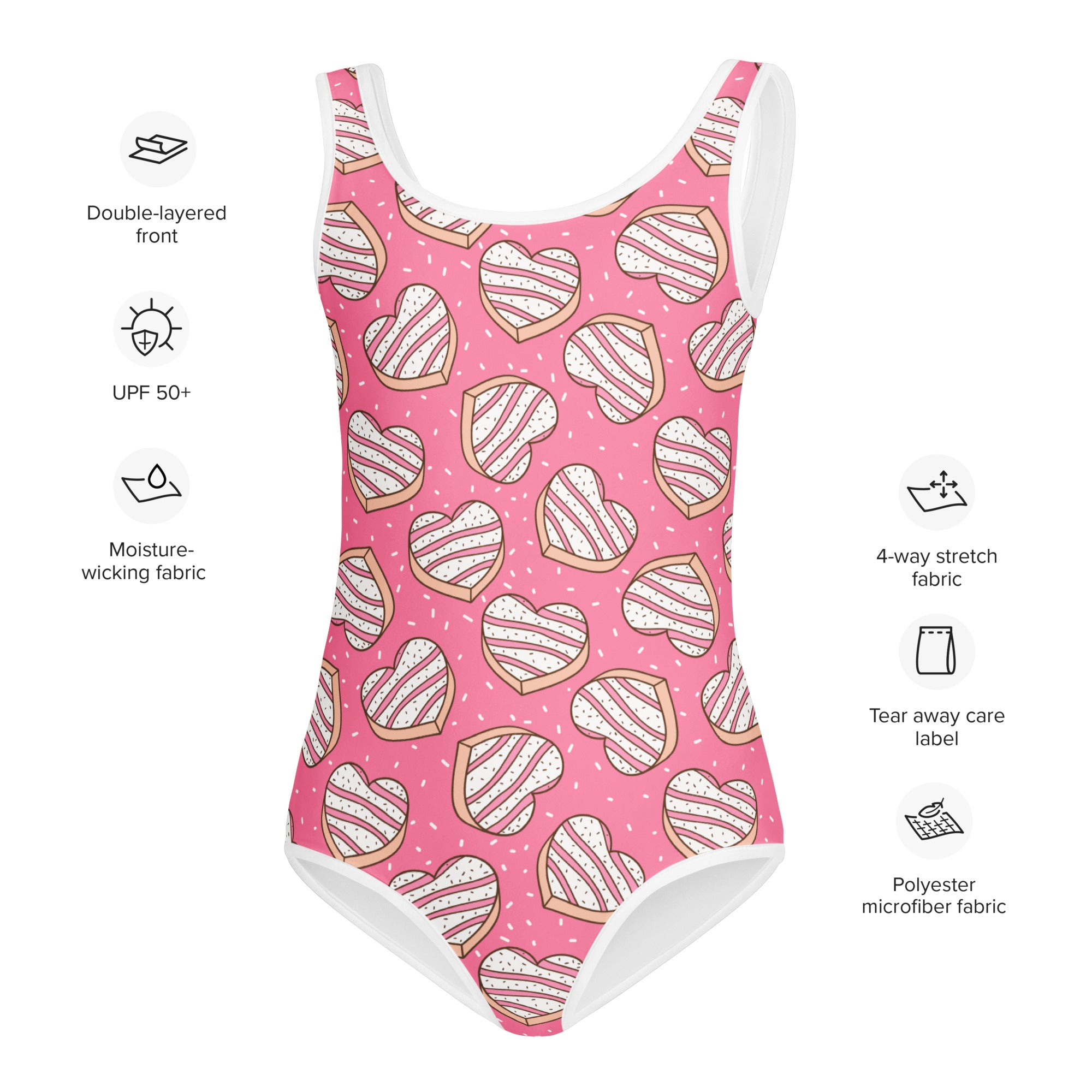 Girls heart cookies and sprinkles buttery soft pink swimsuit with heart cookie pattern white trim and upf 50+ protection