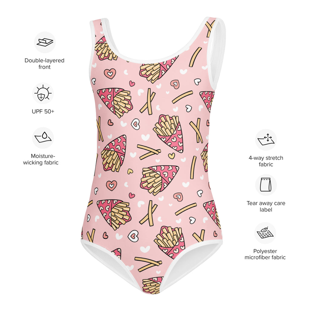 Girls french fries buttery soft pink one-piece swimsuit with playful print white hearts and upf 50 plus protection