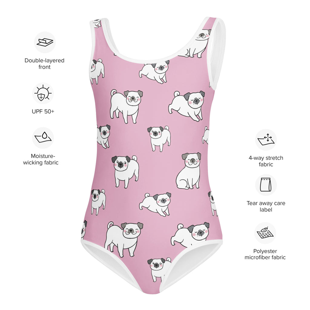 Girls Pink Pug Buttery Soft Swimsuit With UPF 50+