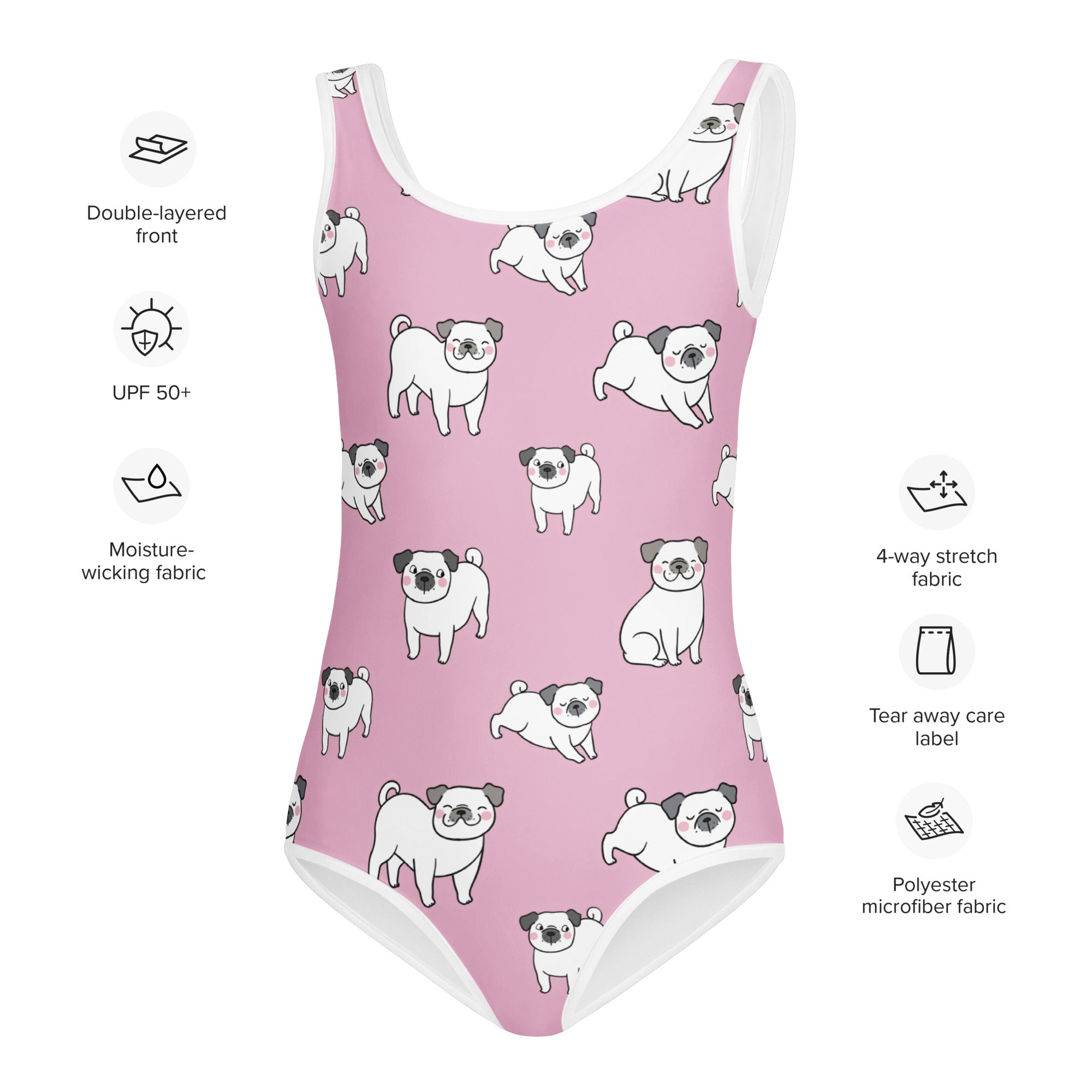 Girls Pink Pug Buttery Soft Swimsuit With UPF 50+