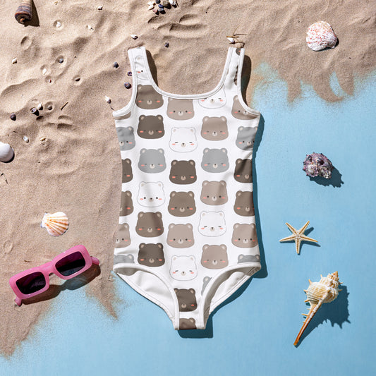 Girls Kawaii Bear Faces Buttery Soft Swimsuit With UPF 50+