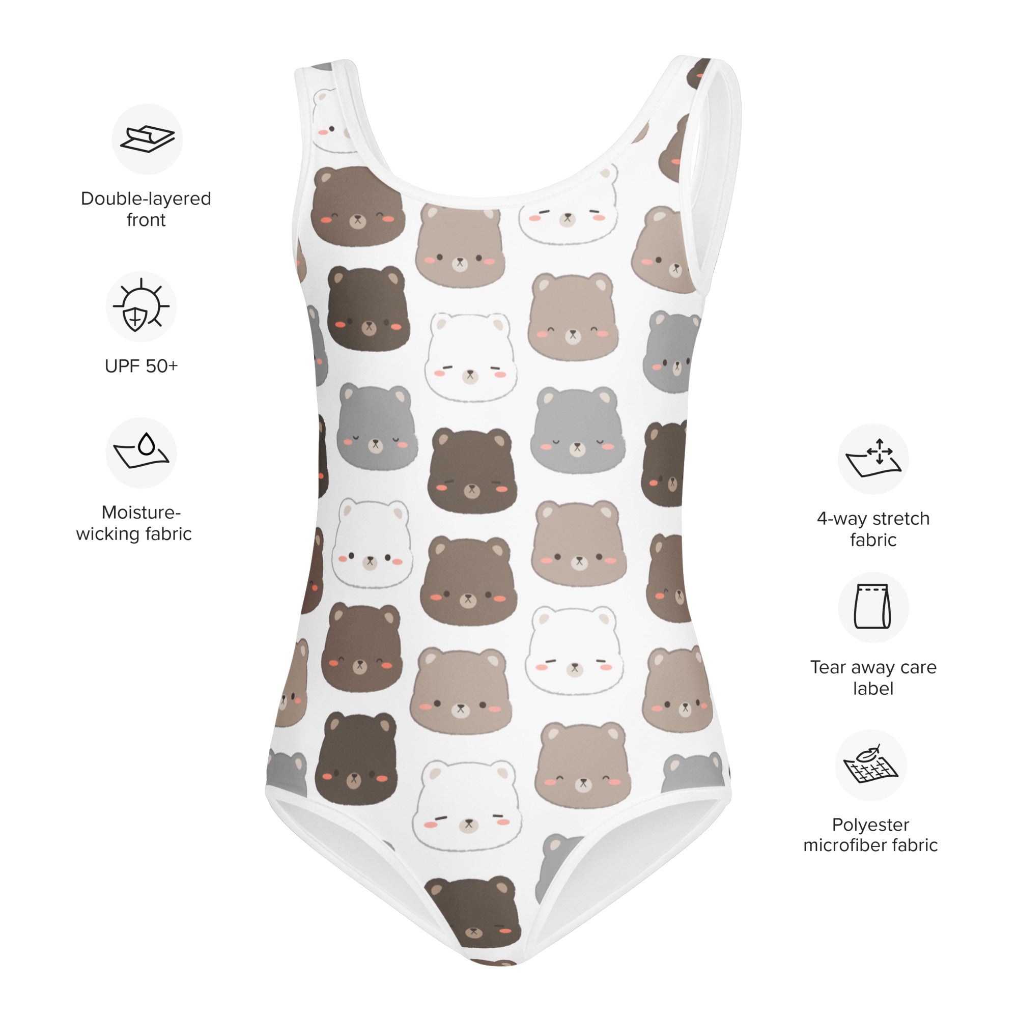 White one-piece swimsuit with kawaii cartoon bear faces in brown gray and white buttery soft fabric with upf 50+