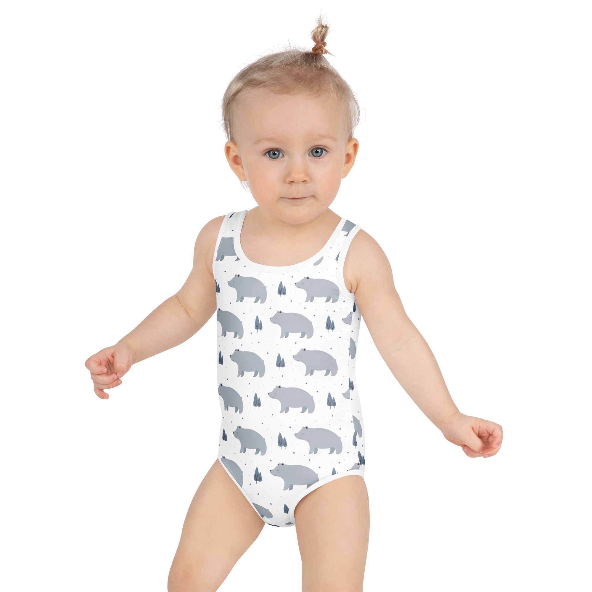 Girls polar bear buttery soft white one-piece swimsuit with gray bear and tree patterns and upf 50+ protection