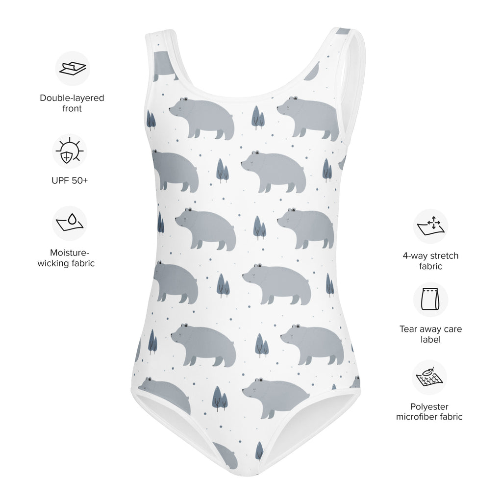 Girls polar bear buttery soft white one-piece swimsuit with gray bears small trees and upf 50 plus protection