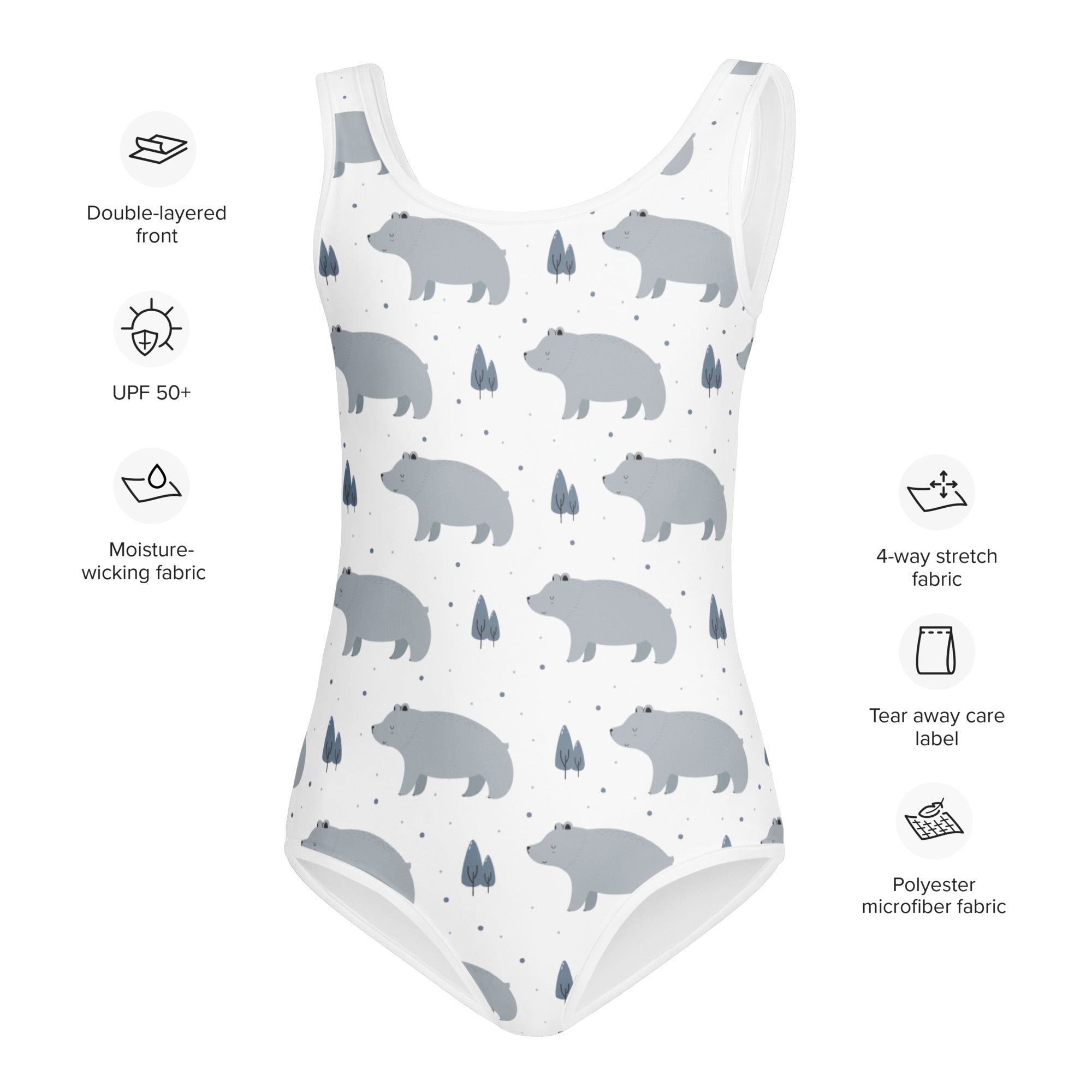 Girls polar bear buttery soft white one-piece swimsuit with gray bears small trees and upf 50 plus protection