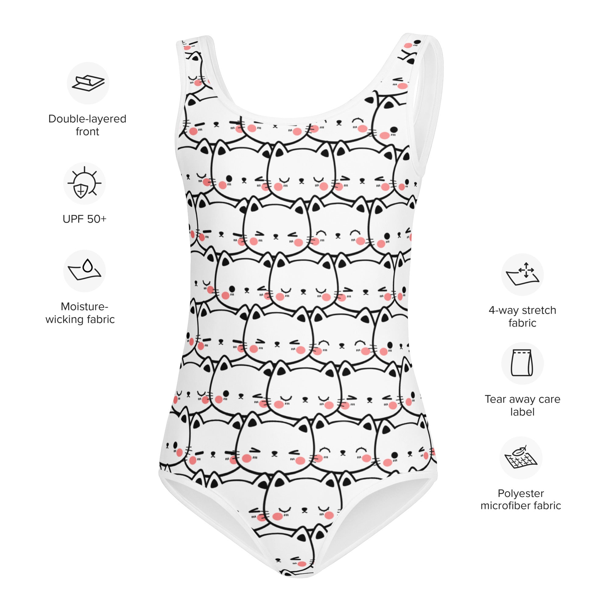 White girls one-piece swimsuit with playful black-outlined cartoon cats and pink blush cheeks buttery soft fabric upf 50+
