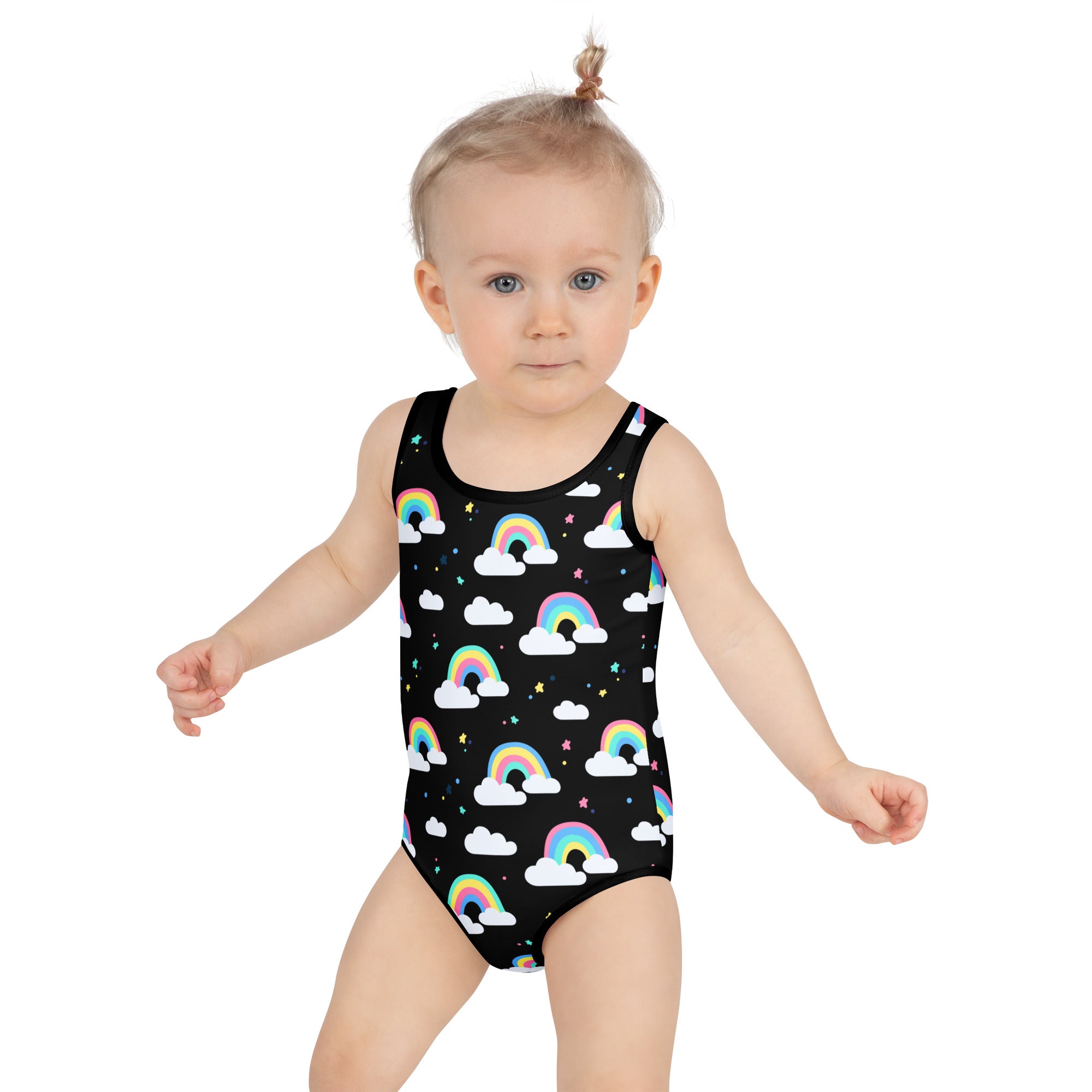 Black girls one-piece swimsuit with colorful rainbows clouds tiny stars buttery soft fabric and upf 50 protection