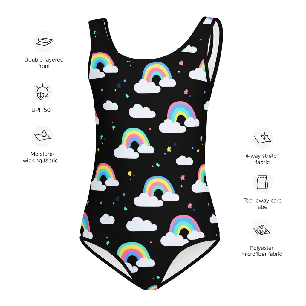 Black girls one-piece swimsuit with vibrant rainbow and cloud pattern white trim buttery soft fabric upf 50+ protection