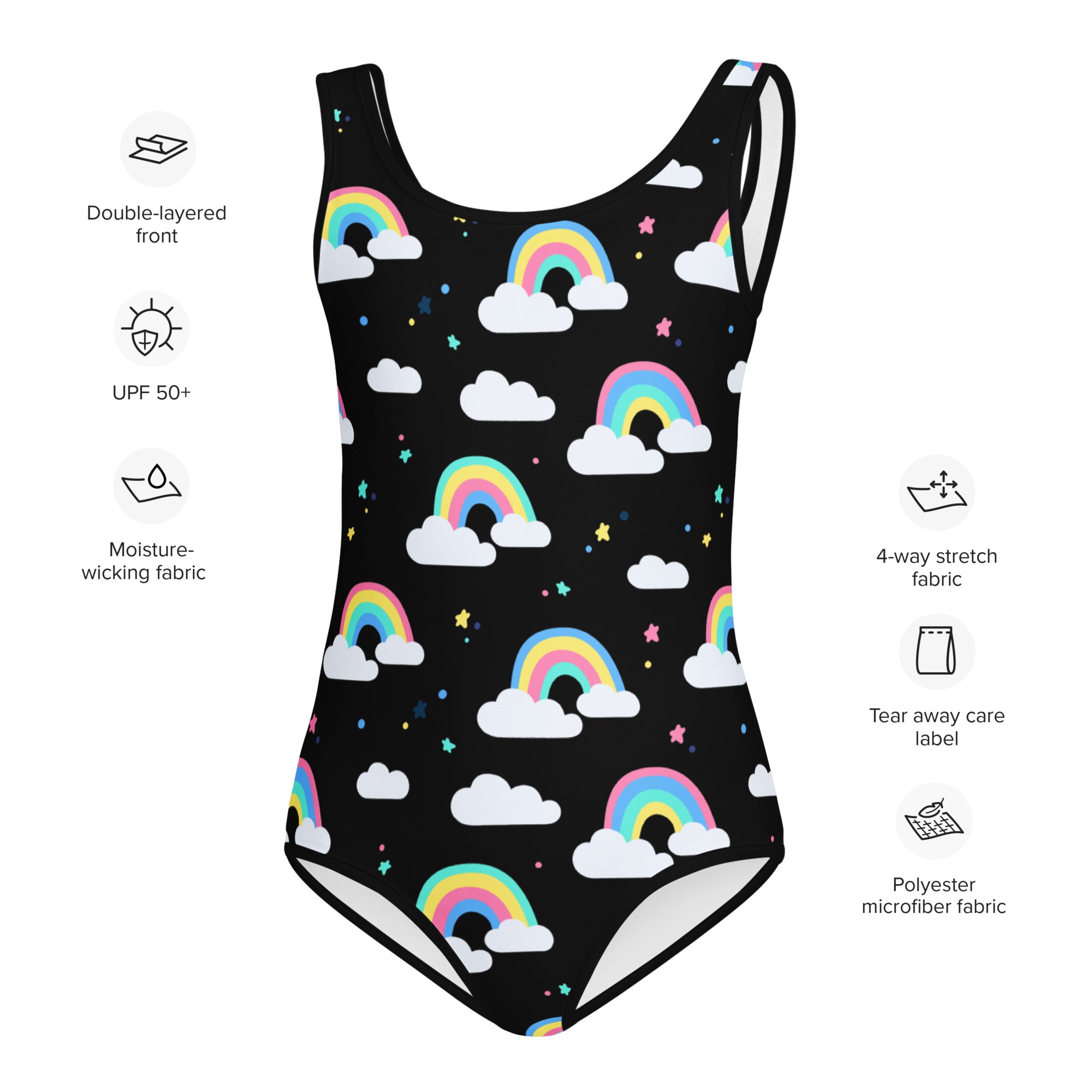 Black girls one-piece swimsuit with vibrant rainbow and cloud pattern white trim buttery soft fabric upf 50+ protection