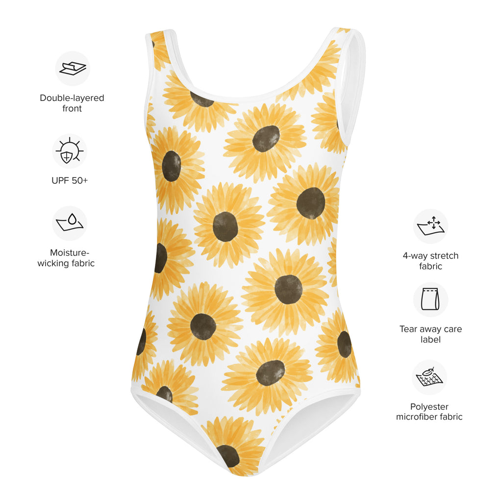Girls Doodle Sunflower Buttery Soft Swimsuit With UPF 50+