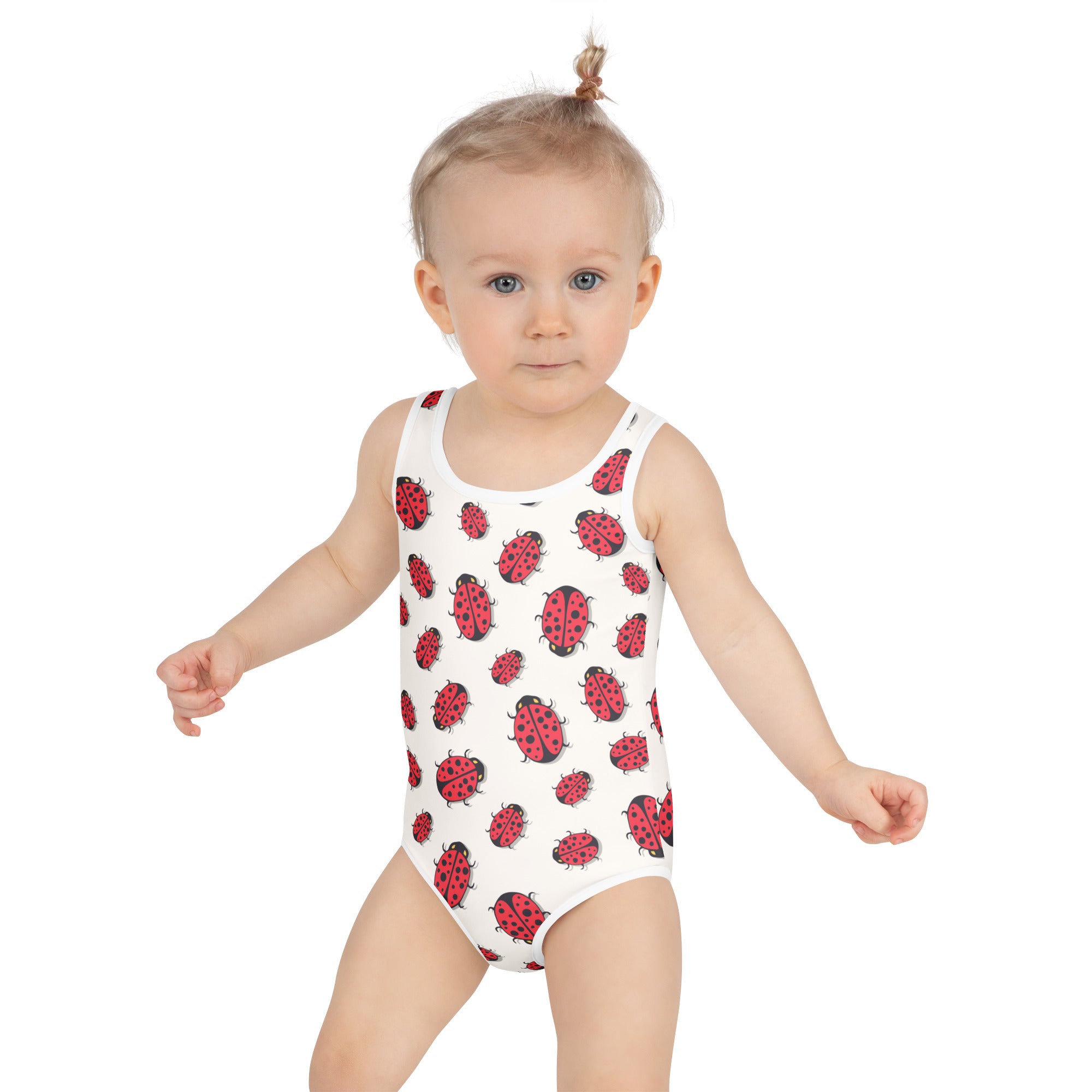 White girls one-piece swimsuit with red ladybug patterns buttery soft fabric and UPF 50 plus sun protection