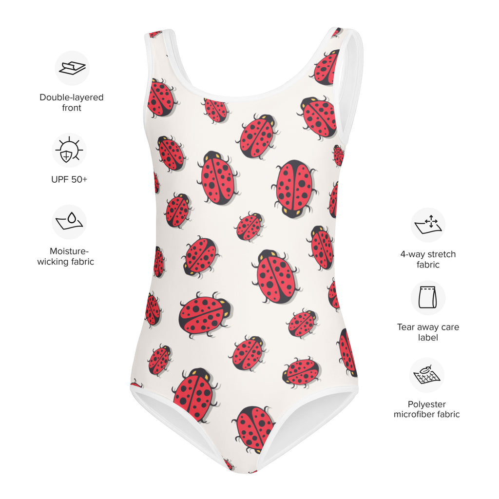 White girls one-piece swimsuit with red ladybug pattern buttery soft fabric and upf 50 plus sun protection