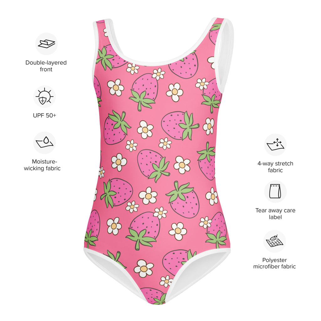 Girls pink strawberry buttery soft swimsuit with UPF 50 plus featuring white flower pattern and white trim