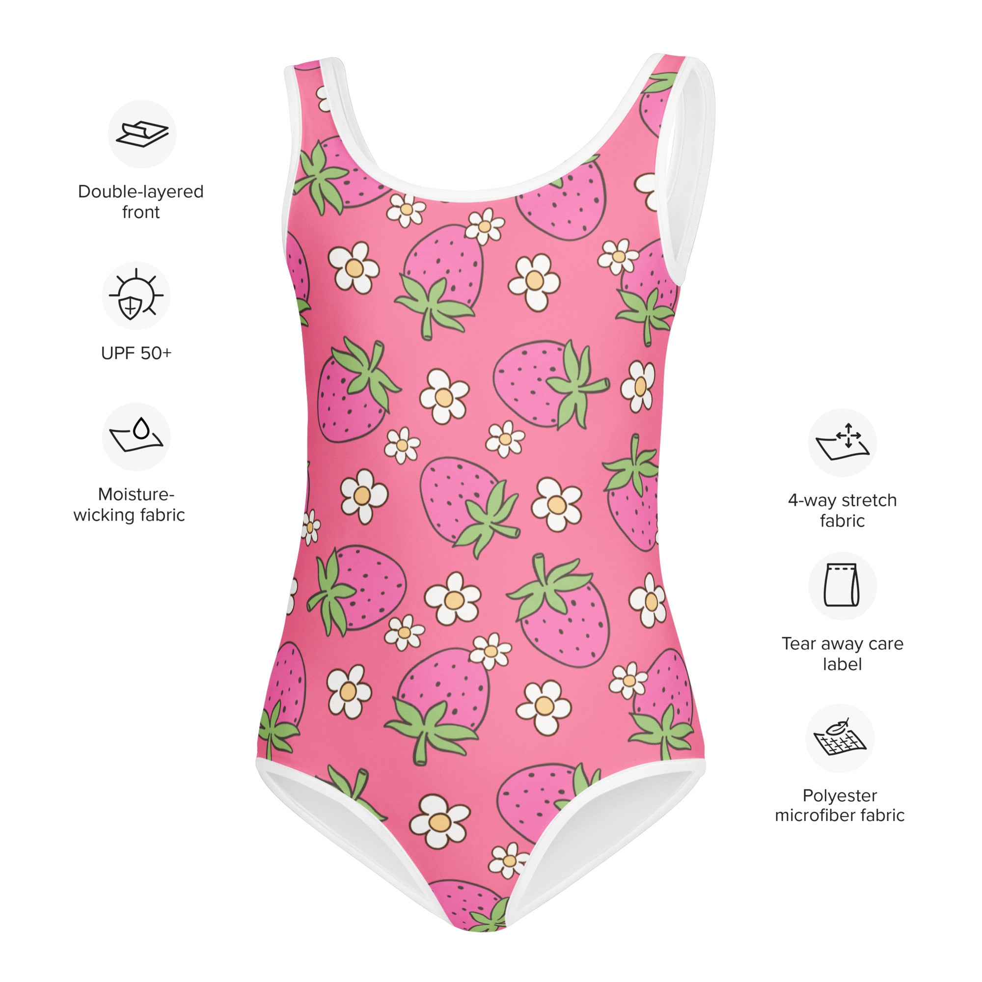 Girls pink strawberry buttery soft swimsuit with UPF 50 plus featuring white flower pattern and white trim