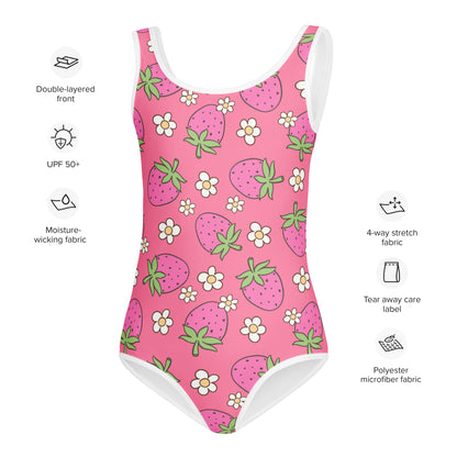 Girls Pink Strawberry Buttery Soft Swimsuit With UPF 50+