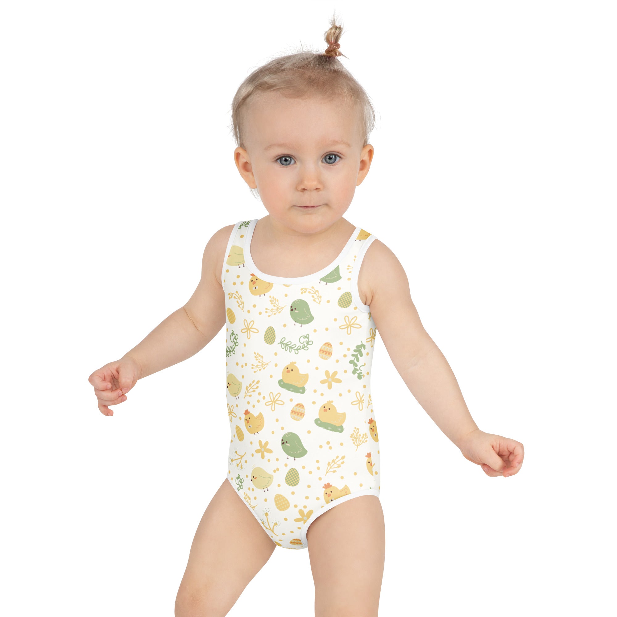 White one-piece toddler swimsuit with yellow and green chick pattern buttery soft fabric and upf 50+ protection