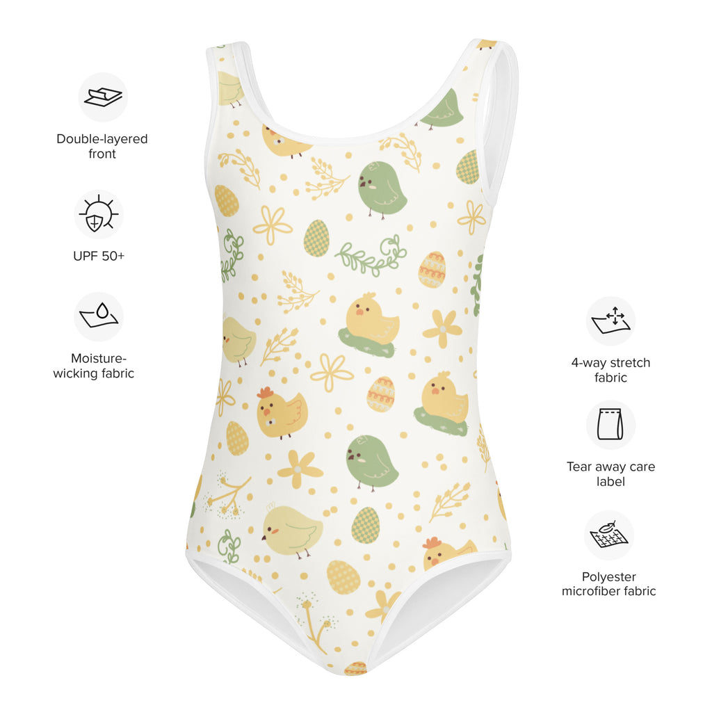 Girls pastel birds buttery soft white one-piece swimsuit with yellow green chicks eggs flowers and upf 50 plus protection