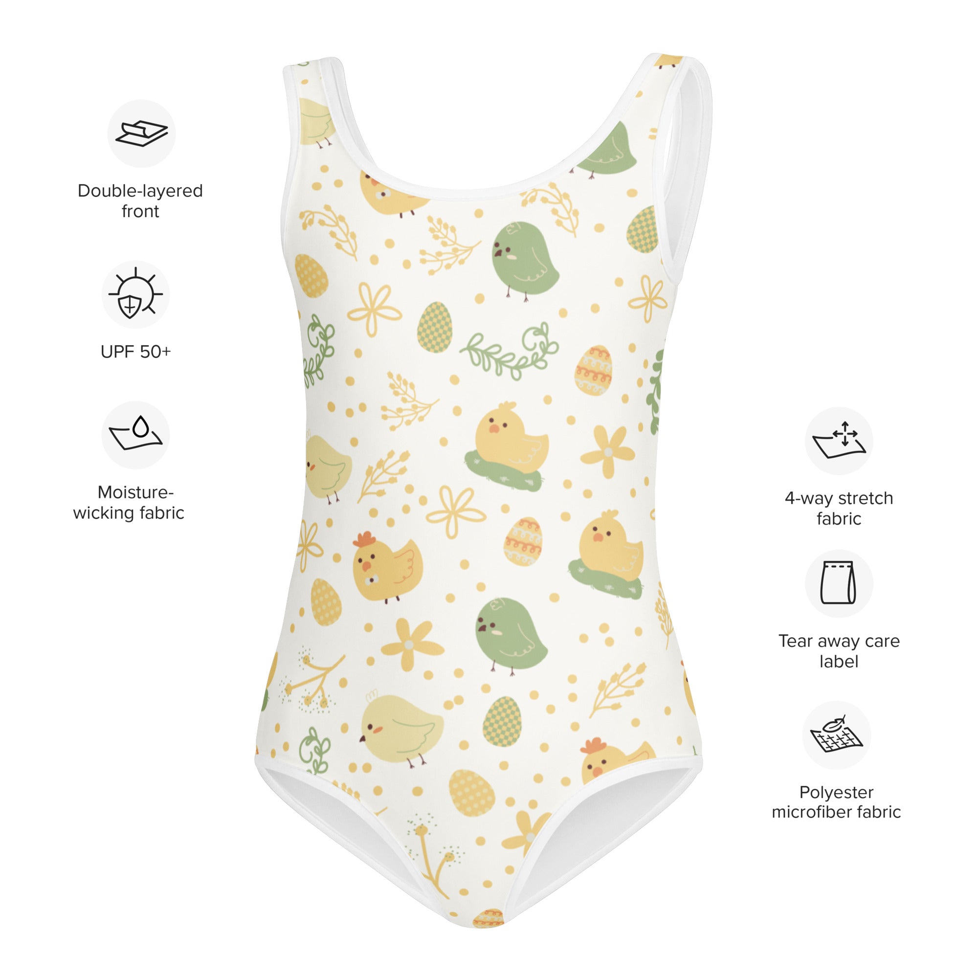 Girls pastel birds buttery soft white one-piece swimsuit with yellow green chicks eggs flowers and upf 50 plus protection