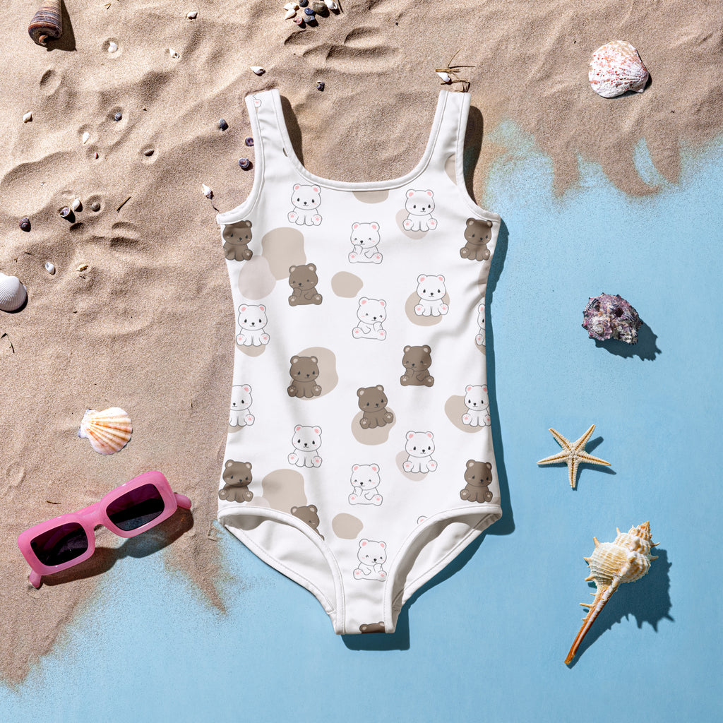 White girls one-piece swimsuit with playful brown and beige teddy bears on buttery soft stretchy fabric with upf 50+