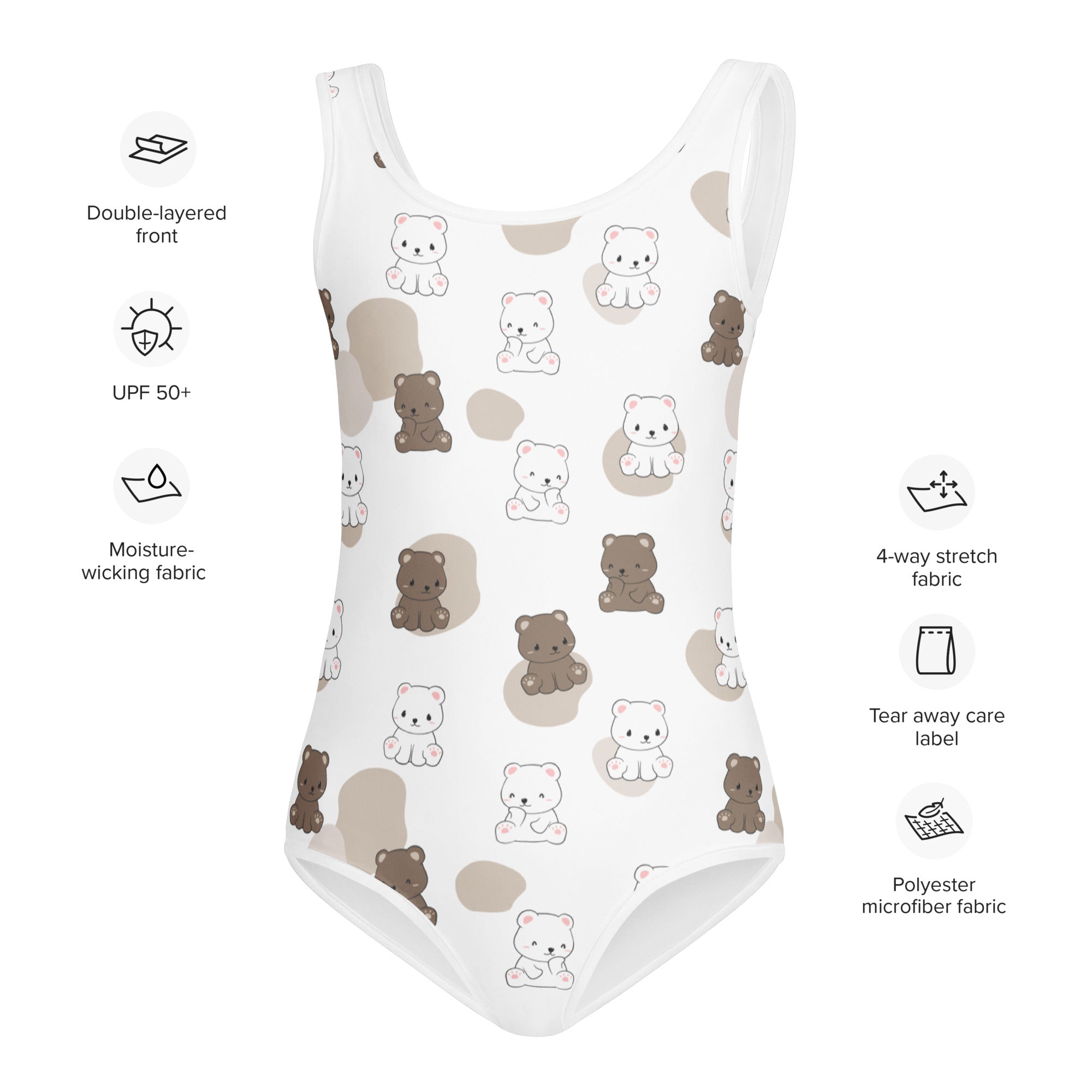Girls cute teddy bears buttery soft white one-piece swimsuit with playful teddy pattern and upf 50 plus polyester microfiber fabric