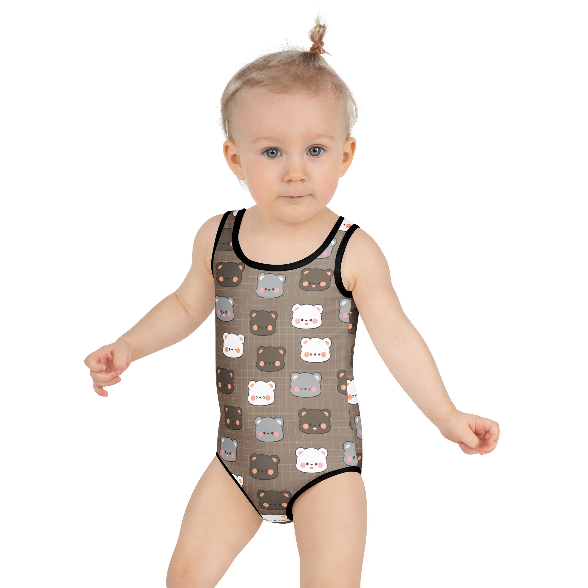 Girls bear themed buttery soft toddler one-piece swimsuit with cartoon bears on taupe background and UPF 50 plus protection