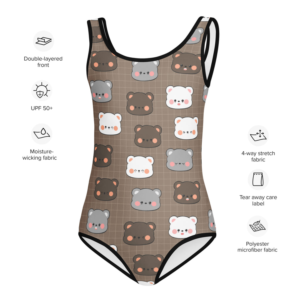 Brown girls one-piece swimsuit with cartoon bears pattern black trim buttery soft fabric upf 50+ protection