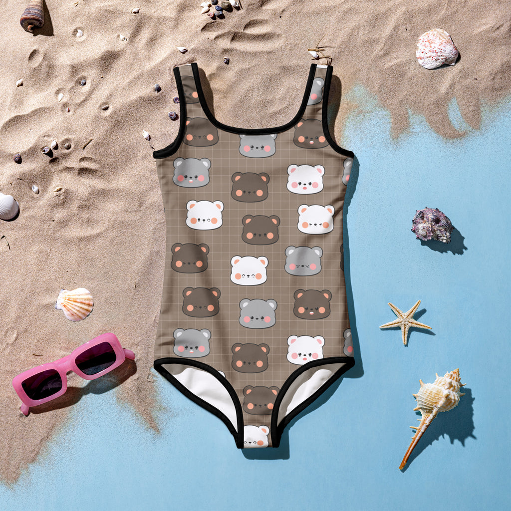 Girls bear themed buttery soft one-piece swimsuit with gray white and brown cartoon bears on taupe background with black trim