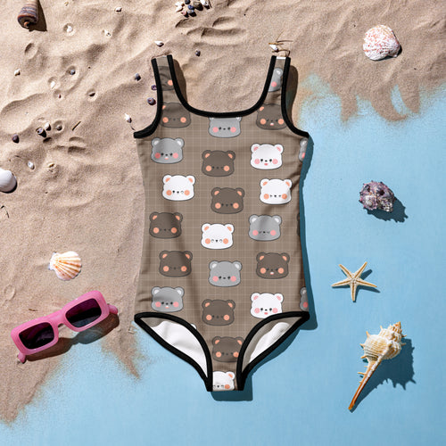 Girls bear themed buttery soft one-piece swimsuit with gray white and brown cartoon bears on taupe background with black trim