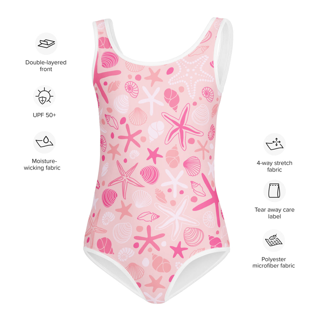 Girls pink one-piece swimsuit with starfish and seashell pattern white trim buttery soft fabric upf 50 plus protection