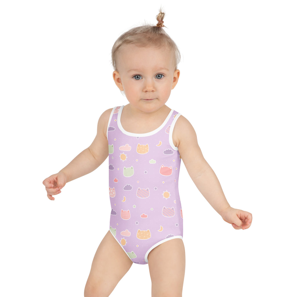 Lavender girls one-piece swimsuit with white trim and kawaii pastel cats clouds moons pattern buttery soft fabric upf 50+
