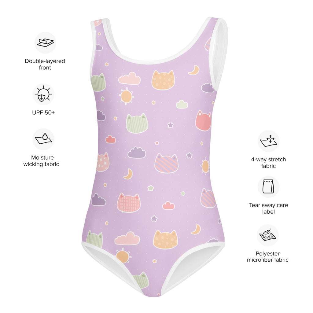 Girls pastel purple kawaii cats and clouds buttery soft swimsuit with upf 50 plus in lavender with playful pattern
