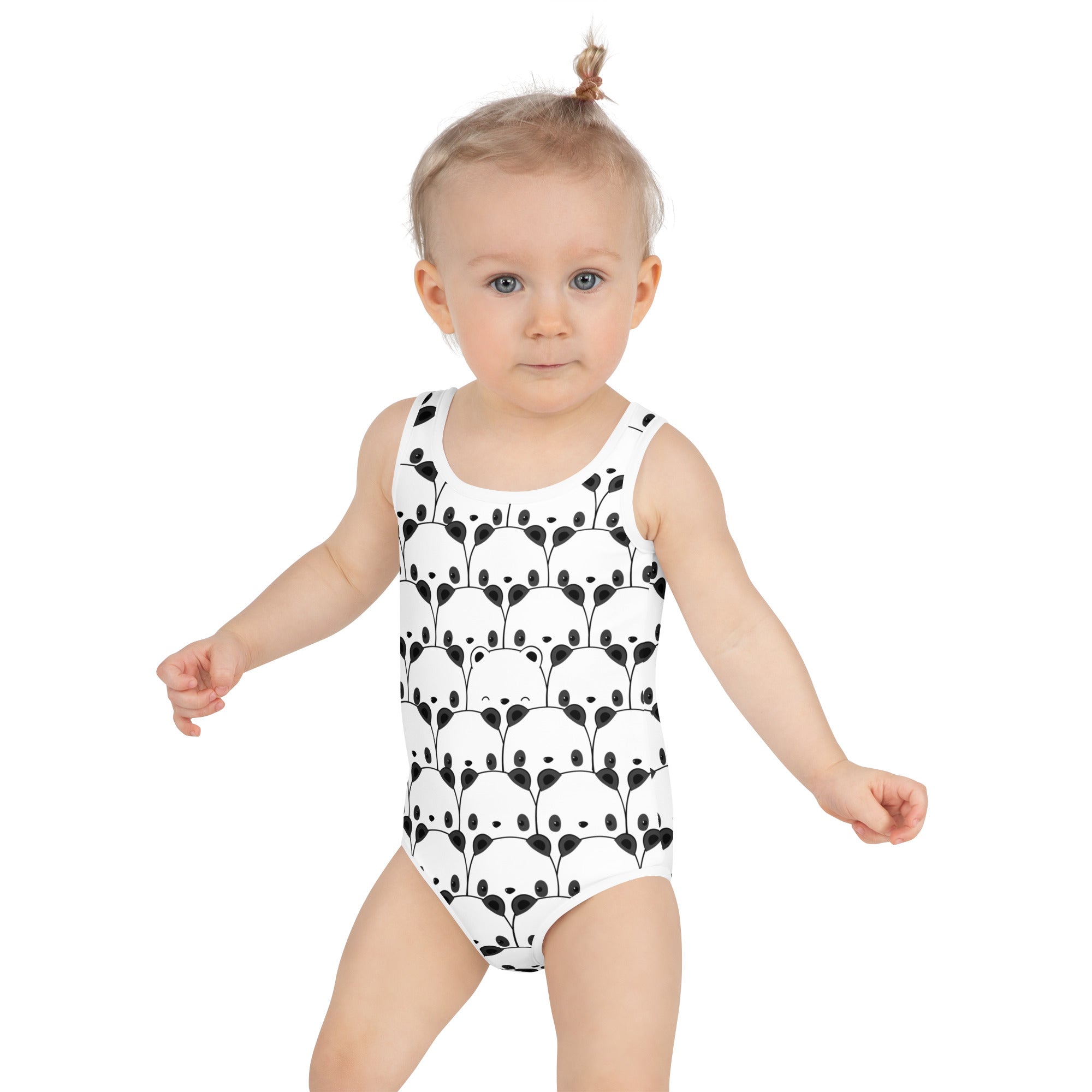 White one-piece girls swimsuit with black kawaii panda face pattern and buttery soft fabric with upf 50 plus protection