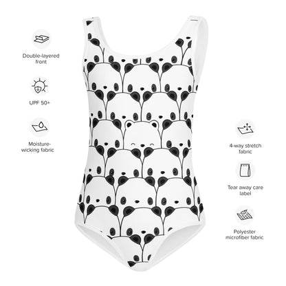 Girls Black and White Kawaii Panda Bear Buttery Soft Swimsuit With UPF 50+
