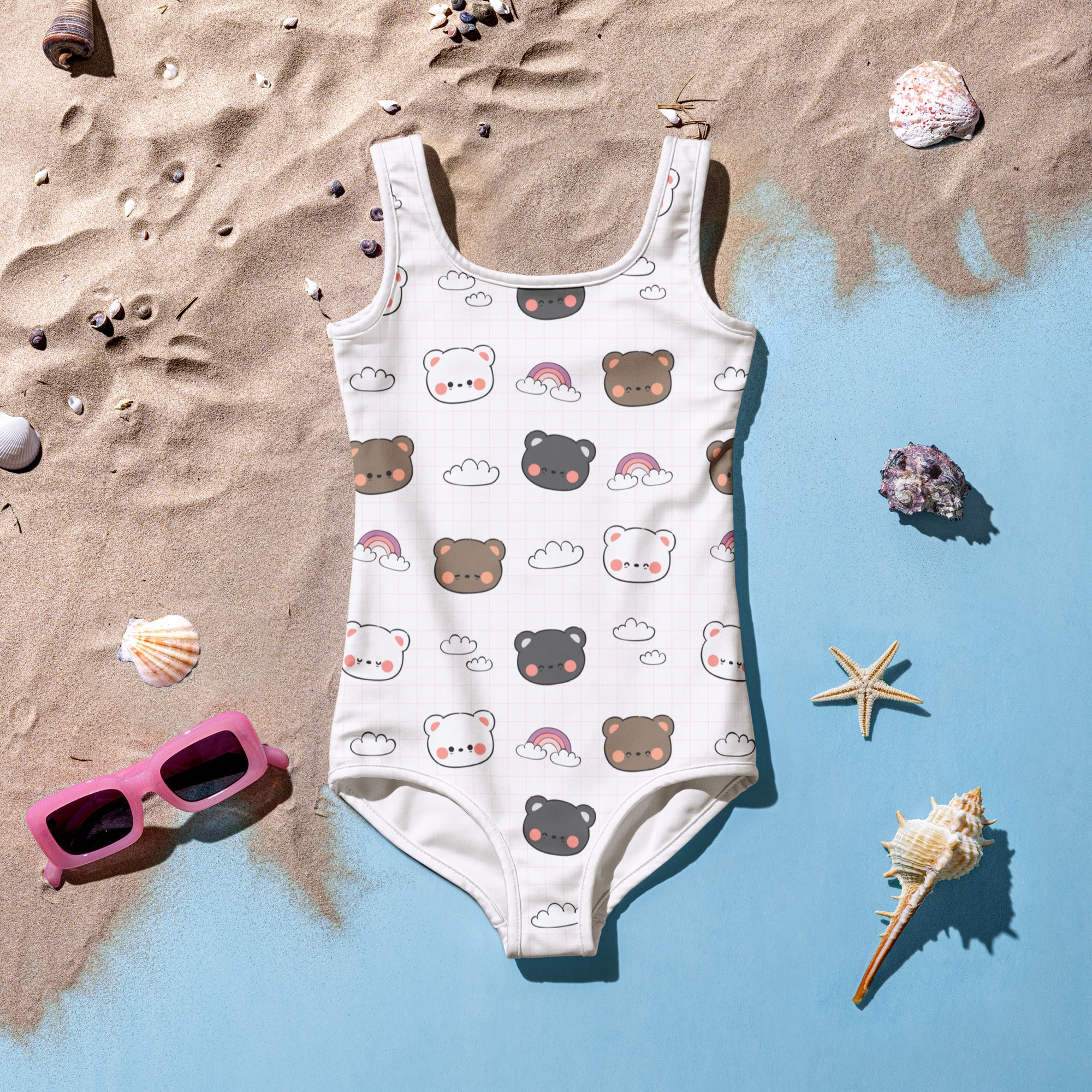 Girls kawaii bear and rainbow white one-piece swimsuit with buttery soft fabric and UPF 50 plus sun protection