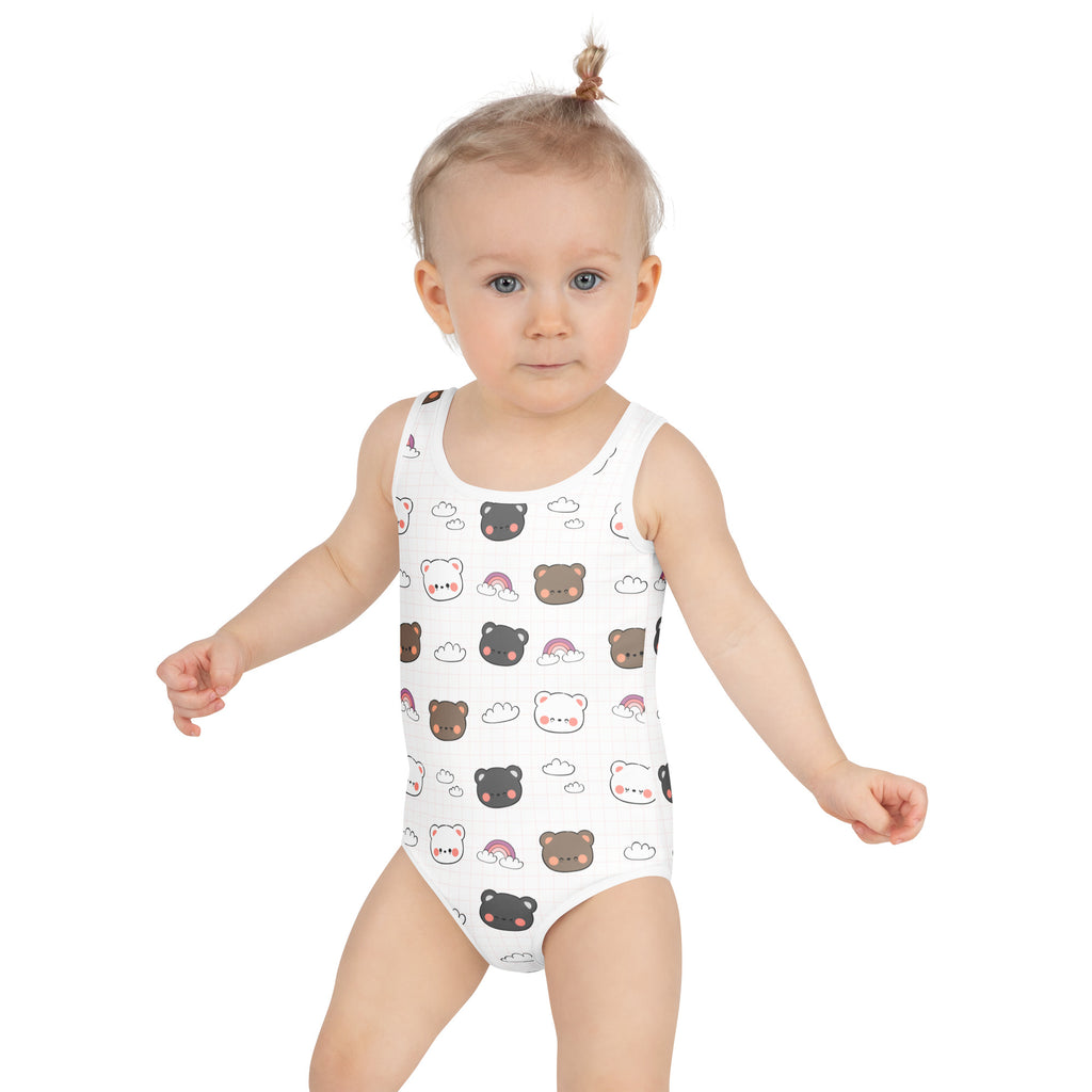 White girls kawaii bear and rainbow buttery soft swimsuit with upf 50 plus featuring playful cartoon bear pattern