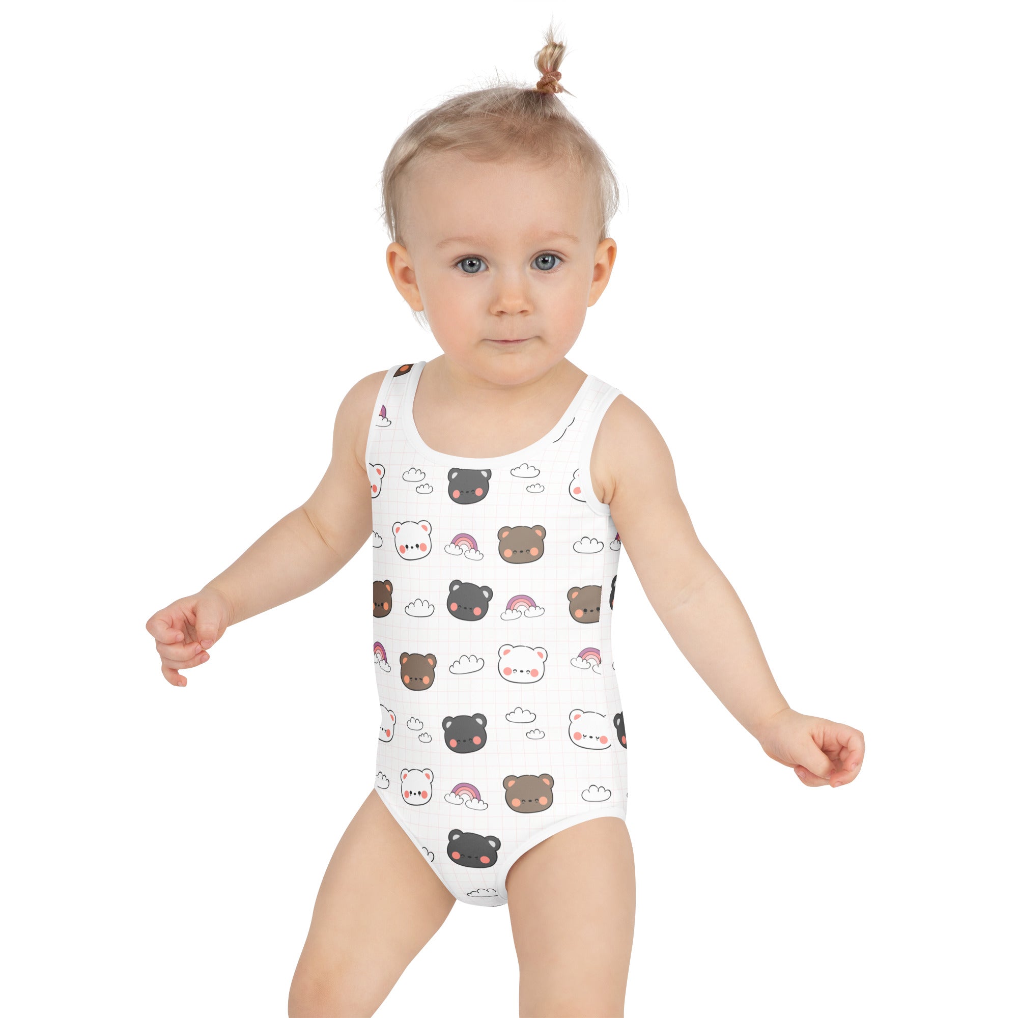 White girls kawaii bear and rainbow buttery soft swimsuit with upf 50 plus featuring playful cartoon bear pattern